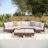 Lark Manor Argyri 7 Piece Wicker Outdoor Patio Furniture Set, Stylish Rattan Sectional Patio Set with Beige Cushions