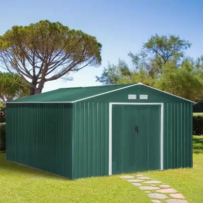 This garden storage shed features a sloping roof to prevent water accumulation, double sliding doors...