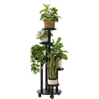 Arlmont & Co. Black Plant Stand With Wheels, 5 Tiered Bamboo Tall Plant Stands For Indoor Plants Multiple, Corner Plant