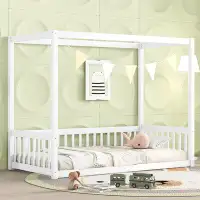 Mercer41 Canopy Frame Floor Bed with Fence