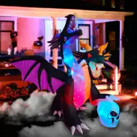 The Holiday Aisle® 8.3FT Long 7FT Tall Inflatable Halloween Giant Fire & Ice Twin-Headed Dragon Decoration, Flash LED Bl