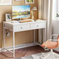 Ebern Designs Modern White Desk With 2 Fabric Drawers Compact Engineered Wood Floor Mount