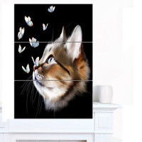 Made in Canada - Design Art 'Cat with Butterflies on Black' 3 Piece Graphic Art on Wrapped Canvas Set