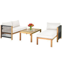 Latitude Run® Latitude Run® 3pcs Patio Acacia Wood Sofa Furniture Set Thick Cushion W/ Nylon Rope Armrest White
