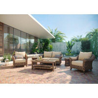 Winston Cayman Loveseat, Stationary Lounge Chair, Coffee Table and Woven Drum Stool/Side Table 6 Piece Rattan Seating Gr