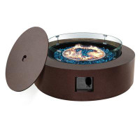 Latitude Run® 42 Inch Round Iron with Gold Floral Propane Outdoor Fire Pit Table Include Wind Guard