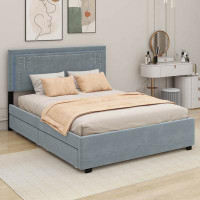 Ebern Designs Queen Size Upholstered Platform Bed With Rivet-Decorated Headboard
