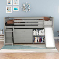 Harriet Bee Twin Low Loft Bed With Attached Bookcases And Separate 3-Tier Drawers,Convertible Ladder And Slide (Grey)