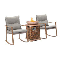 Loon Peak Loon Peak 4-Piece Fire Pit Table Patio Outdoor Rocking Chair Bistro Set, Warm Grey Cushions W 20-Inch Square P