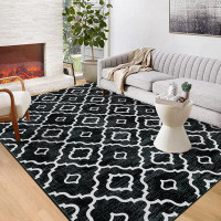 Winston Porter Machine Washable Geometric Moroccan Area Rug Indoor Modern Soft Throw Carpet for Home Decor_Black