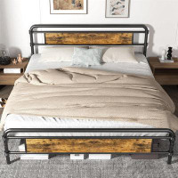 Williston Forge Jabali Metal Bed Frame with Wood Headboard, Industrial Platform Bed, Sturdy and Solid