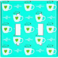 WorldAcc Metal Light Switch Plate Outlet Cover (Coffee Cups Green Hearts Teal - Double Toggle)