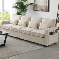 Latitude Run® 104" 4-Seater Modern Linen Fabric Sofa With Armrest Pockets And 4 Pillows Fabric Solid + Manufactured Wood