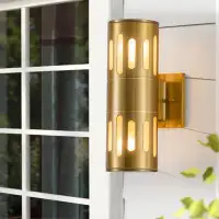 Willa Arlo™ Interiors Lancashire 11.75 In. 2-light Plated Gold Die-cast Aluminum Cylinder Outdoor Wall Sconce