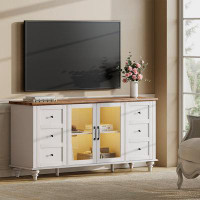 Alcott Hill Currin TV Stand With Glass Door, Sideboard Storage Cabinet, Glass And Wood Universal TV Stand,White Entertai