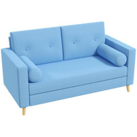 51 LOVESEAT FOR BEDROOM, MODERN LOVE SEATS FURNITURE, UPHOLSTERED 2 SEATER SOFA WITH WOOD LEGS, BLUE