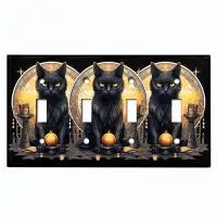 WorldAcc Metal Light Switch Plate Outlet Cover (Halloween Spooky Black Cat - Quadruple Toggle)