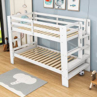 Harriet Bee Halea Twin over Twin Wood Bunk Bed with Shelves,Guardrail and Ladder