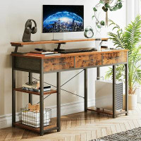 17 Stories Aranveer 48 Inch Modern Home Office Desk With 3 Drawers, Computer Desk With Monitor Stands, Small Writing Des