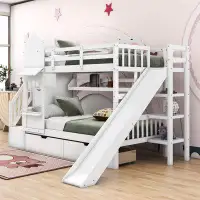 Harriet Bee Twin Over Twin Castle Style Wood Bunk Bed With Drawers,Shelves And Slide