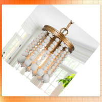 Everly Quinn Small Farmhouse Pendant Light For Dining Room, Foyer, Bedroom, Kitchen, Antique Gold Finish With White Wood