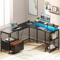 Inbox Zero Kymberlyn 54" Reversible L Shaped Computer Desk with Power Outlets, LED Lights, Storage Shelves & File Cabine