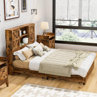 Millwood Pines Athie Bed Frame with Sliding Barn Door Bookcase Headboard & 4 Storage Drawers, Queen Size