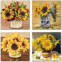 House of Hampton Plant Painting Modern Canvas Wall Art Printing Wit Sunflower - 4 Piece Wrapped Canvas Graphic Art Set