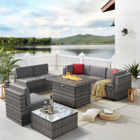 Latitude Run® Latitude Run® 8PCS Patio Furniture Set With 44" Fire Pit Table Outdoor Sectional Sofa Wicker Coffee (Grey