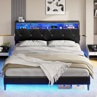 Ivy Bronx King Size Bed Frame With Led Lights And Headboard Storage, Led Bed Frame King Size With Charging Station, Faux