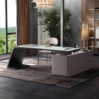 Recon Furniture 62.99" Grey L-shape Sintered Stone Solid + Manufactured Wood Desk,1-cabinet3-drawer