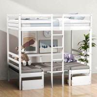 Harriet Bee Twin Size 2 Drawers Wooden Loft Bed, Convertible Down Desk Into Bed With Cushion Sets
