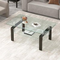Ebern Designs Tempered Glass Coffee Table, 2 Layer Storage Tea Table