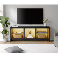 Ebern Designs Classic TV Stand For 75 Inch TV With 6 Cubby & Yellow LED Light, Antique Black