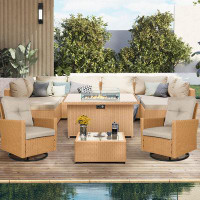 Latitude Run® 10-Piece Beige Wicker Patio Fire Pit Conversation Set with Swivel Chairs, Navyblue Cushions
