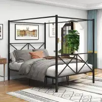 Gracie Oaks Metal Canopy Bed Frame, Platform Bed Frame Queen With X Shaped Frame Queen Black