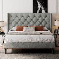 Ebern Designs Ebern Designs Queen Bed Frame With Upholstered Wingback Headboard, Platform Bed And Heavy Duty Wooden Slat