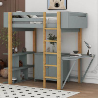 Harriet Bee Twin Size Wood Loft Bed With Built-In Storage Cabinet And Cubes