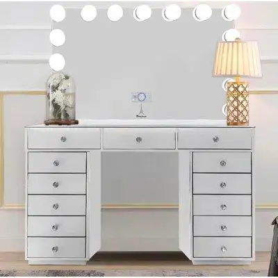 Everly Quinn Grey Mirrored With White Trimming Makeup Vanity With 13 Drawers Used For Makeup Storage Optional Mirror Wit