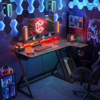 Inbox Zero Gaming Desk With LED Lights & Power Outlets, 47 Inch L Shaped Carbon Fibre Surface Desk With Storage Shelves,