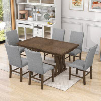 Red Barrel Studio Munana 7-Piece Dining Table Set, Extendable Kitchen Table with Six Linen Upholstered Chairs