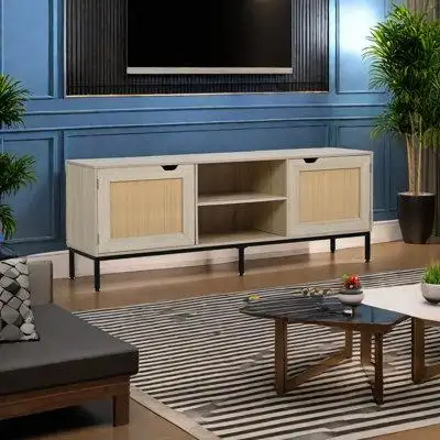 Ebern Designs Tv Stand With 2 Rattan Doors, Modern Entertainment Centre  For 65+ Inch Tv