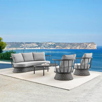 AllModern Giotto 4 Piece Outdoor Patio Furniture Set In Black Aluminum And Grey Wicker With Grey Cushions