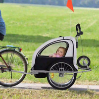 2-IN-1 DOUBLE BIKE TRAILER FOR KIDS, FOLDABLE TODDLER STROLLER CARRIER, BICYCLE TRAILER