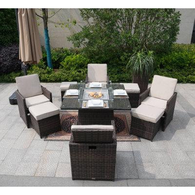 Red Barrel Studio Sakura Rectangular 8 - Person 71'''' Long Fire Pit Table Dining Set With Cushions in BBQs & Outdoor Cooking