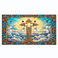 WorldAcc Metal Light Switch Plate Outlet Cover (Religious Cross Cloud Sky Sun - Quadruple Toggle)