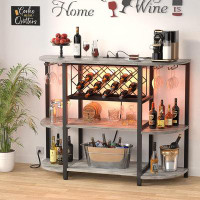 17 Stories 4-Tier Metal Coffee Bar Cabinet With Outlet And LED Light, Freestanding Floor Bar Table For Liquor With Glass