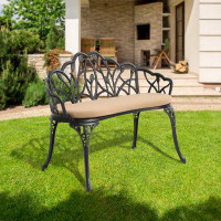 Astoria Grand Outdoor Tulip Curved Cast-Aluminum Patio Garden Benche with Removable Cushion