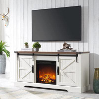 Gracie Oaks Farmhouse TV Stand with 18" Electric Fireplace for 65 Inch TV, Sliding Barn Door, Adjustable Shelf