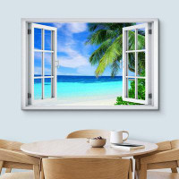 IDEA4WALL Window View Teal Blue Beach Shore Tropical Island Wilderness Nature On Canvas Print
